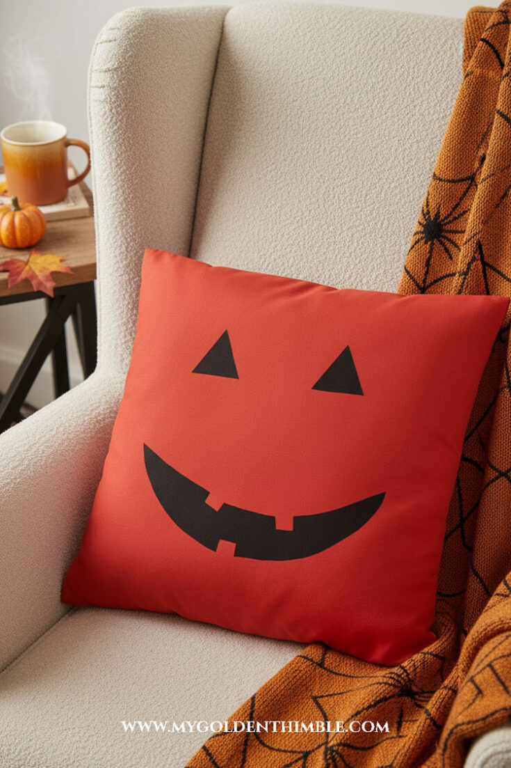 jack o lantern pillow cover over a couch made with a free stencil