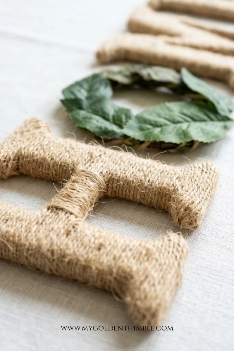 twine-wrapped letters spelling "HOME" arranged on a light-colored linen textured background. The letter "O" is replaced by a small, round green leaf wreath. Bright, soft morning sunlight casts gentle highlights across the letters.