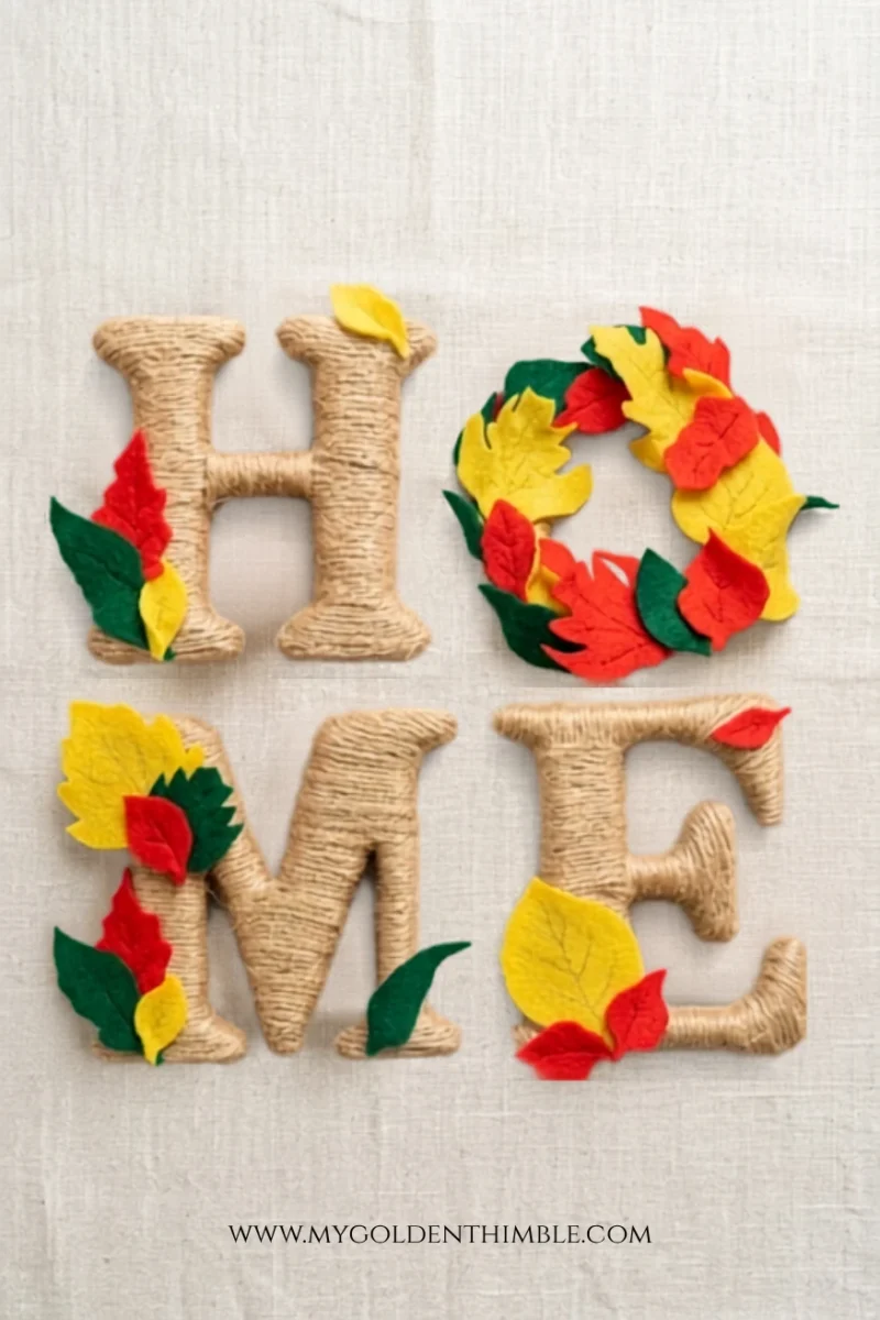 twine-wrapped letters spelling "HOME" on a natural linen cloth backdrop. Colorful felt autumn leaves in red, yellow, and green are attached to the letters, with a full wreath of yellow, red, and green felt leaves forming the "O".