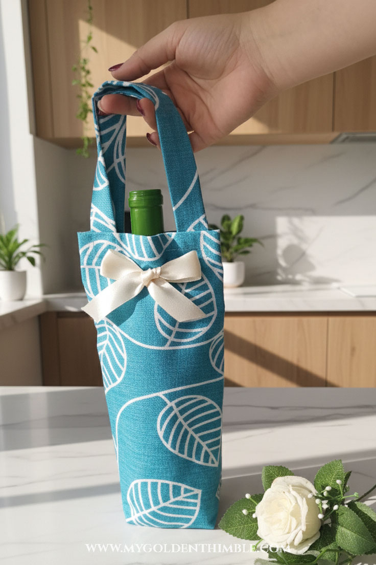 diy wine tote bag pattern being hold by a hand