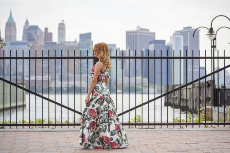 woman using a floral skirt pattern