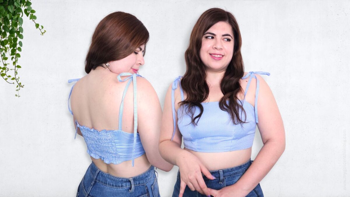 woman wearing the shirred back top pattern. Front and back views.