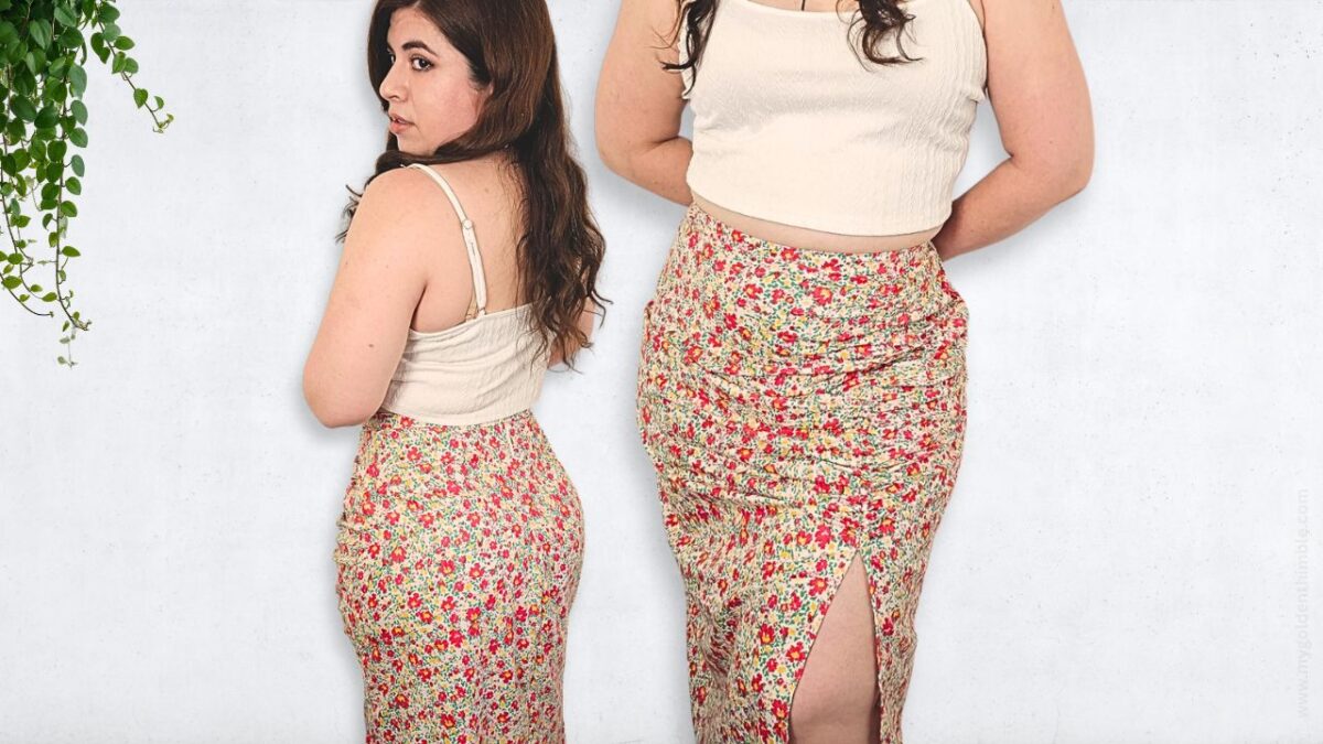 woman wearing a free ruched skirt sewing pattern front and back views