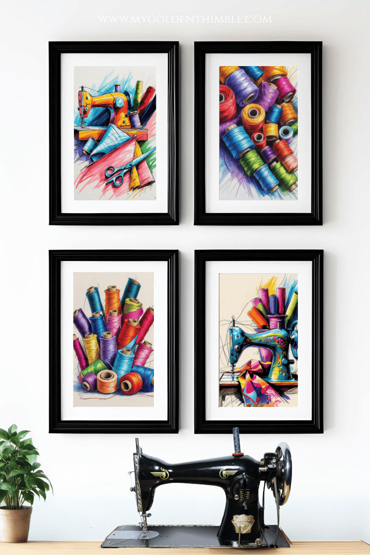 colorful sewing art prints on a white wall