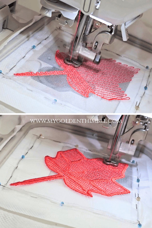 maple leaf being sewed on a machine