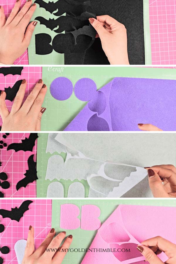 Felt pieces for Boo felt garland DIY cut with Cricut, letters, ghosts, and bats ready for assembly.