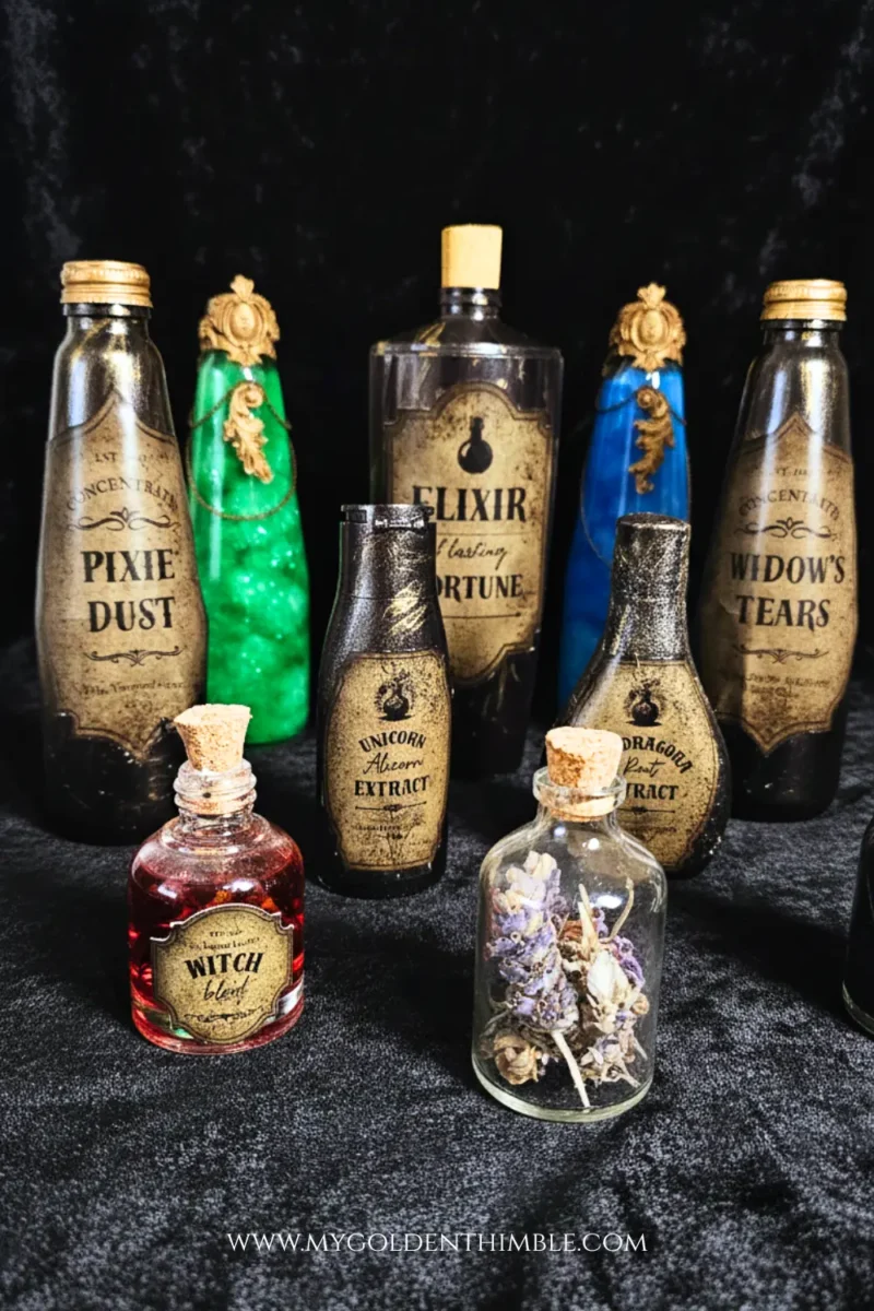Set of DIY potion bottles from recycled bottles in various shapes and sizes, styled with free and premium printable labels for Halloween decoration.