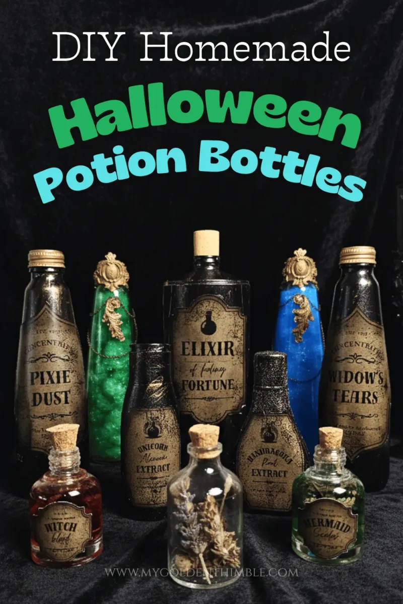 Set of DIY potion bottles from recycled bottles in various shapes and sizes, styled with free and premium printable labels for Halloween decoration.