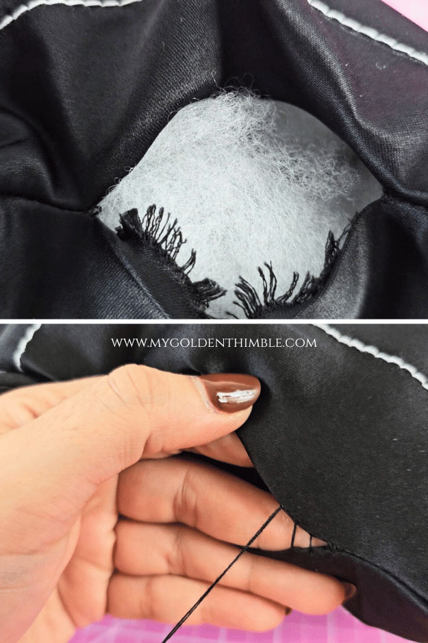 process of sewing a spider web pillow
