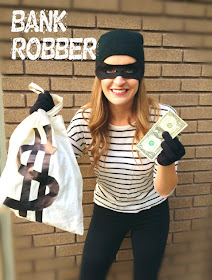 young woman with a white bag with a money sign and a mask