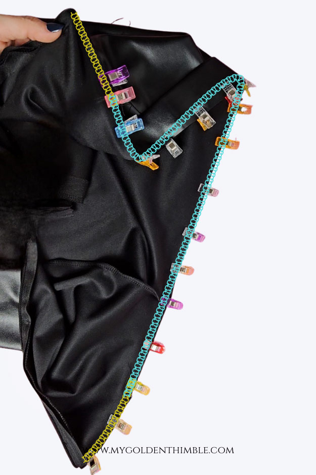 fabric being held with sewing clips showing the waistband