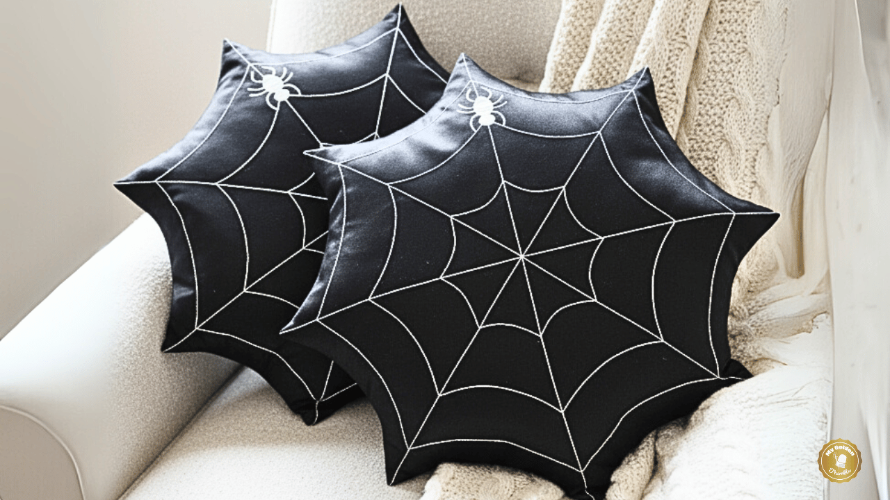 spider web pillows on a white couch