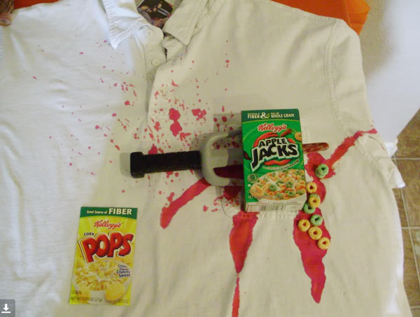 cereal killer costume t-shirt with boxes of cereal with fake blood