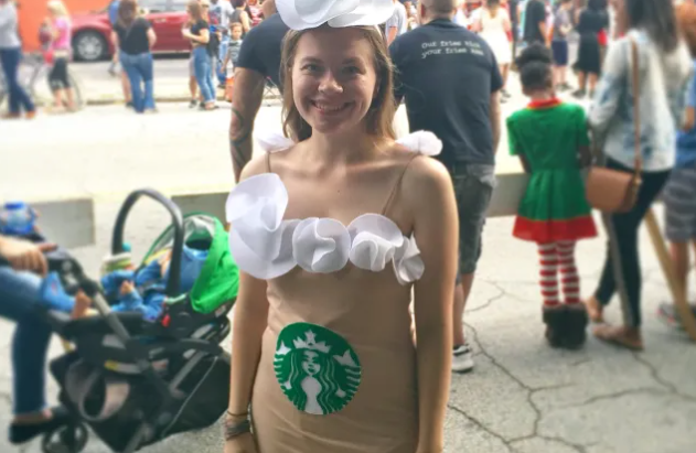 young girl dressed as a starbucks cup costume diy