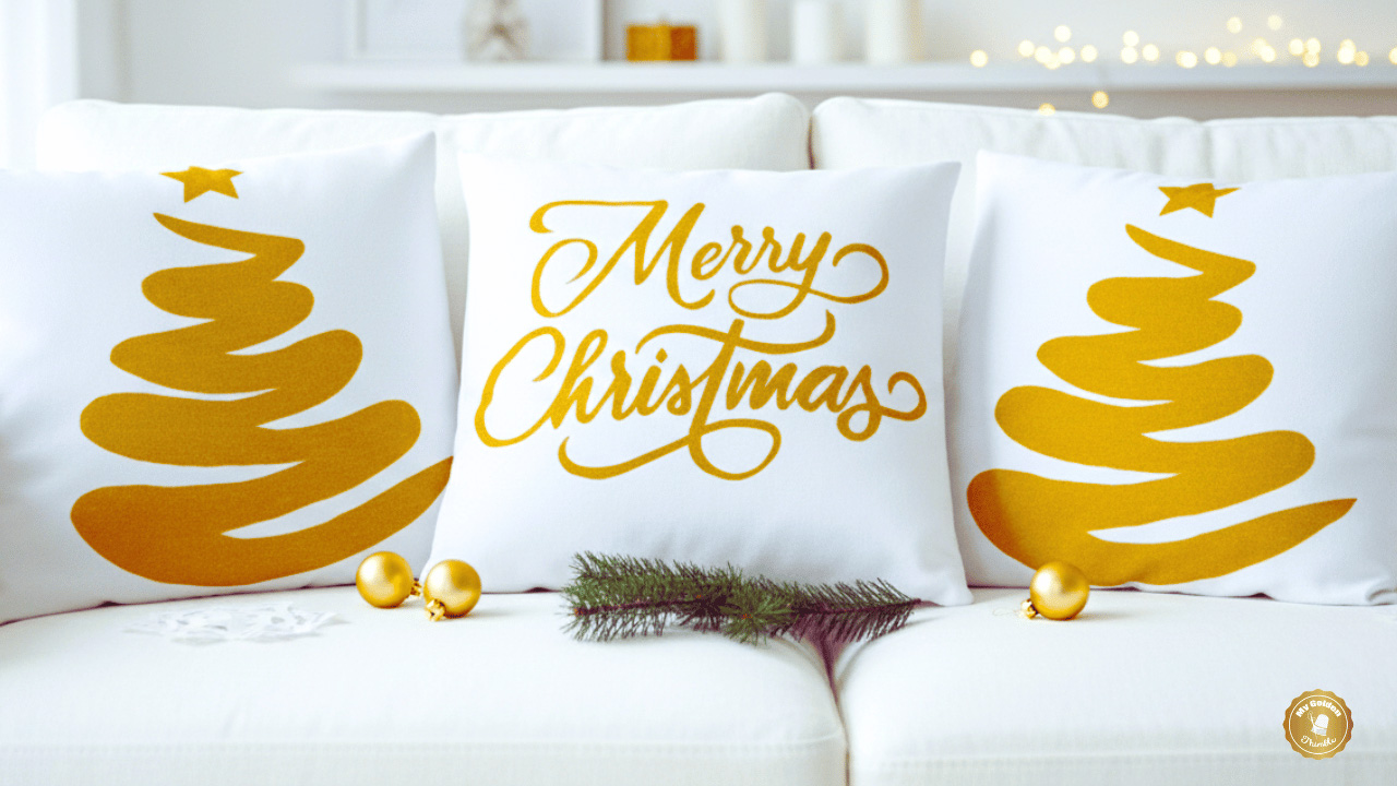 White and Gold Pillows featuring the Free Christmas Pillow SVG and Template
