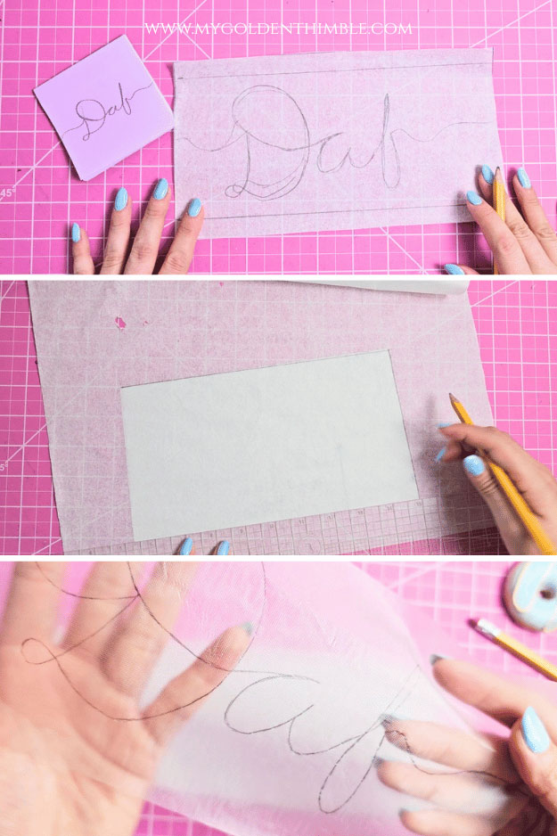 Pattern piece for the stocking cuff with added seam allowances and name sketched in pencil.