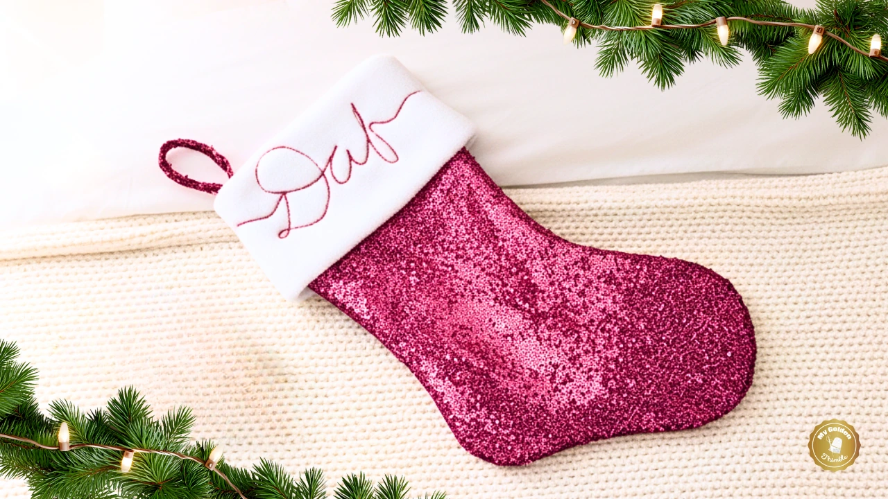 Finished hot pink sequin Christmas stocking with embroidered name on the cuff, on a cozy blanket