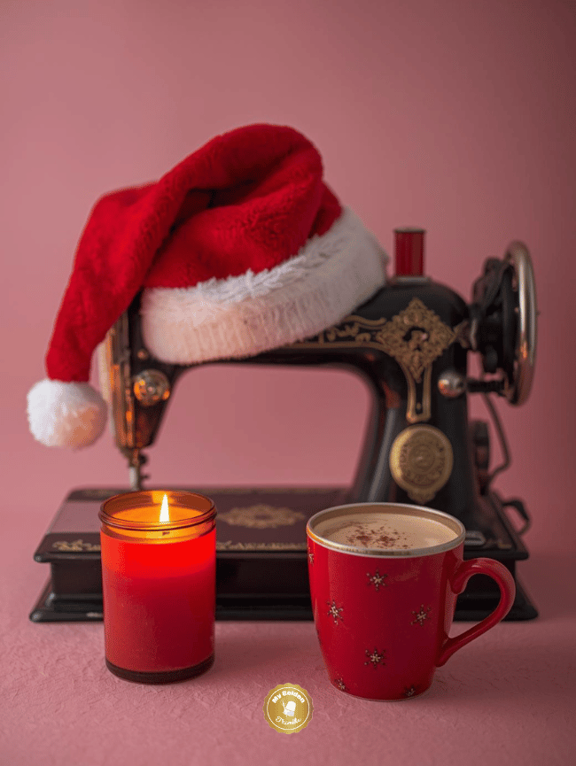 a sewing machine on a pink room with a santa hat on top of the machine, in front of the machine is a red candle and a cup of hot cocoa