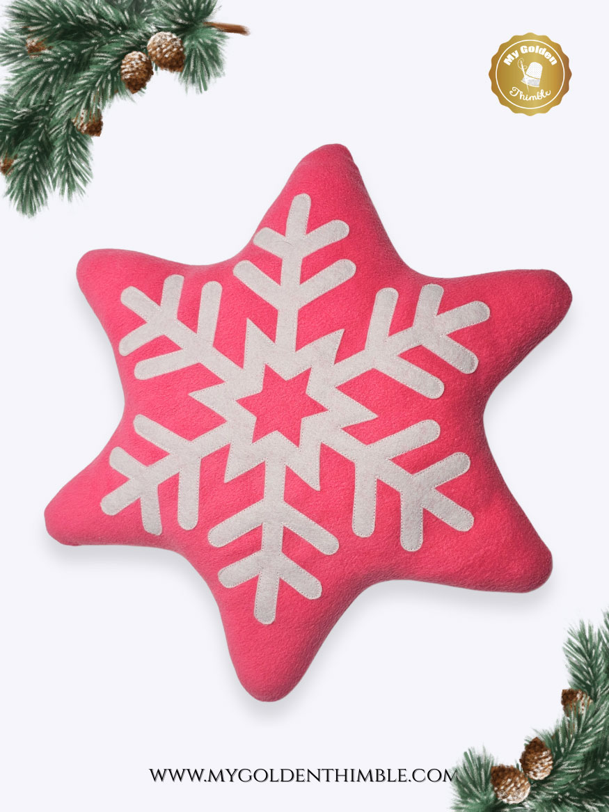 Finished snowflake pillow made with the My Golden Thimble pattern