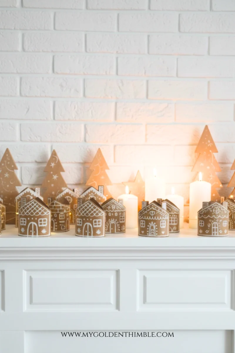 DIY gingerbread house decor made from recycled toilet paper rolls displayed on a Christmas mantel