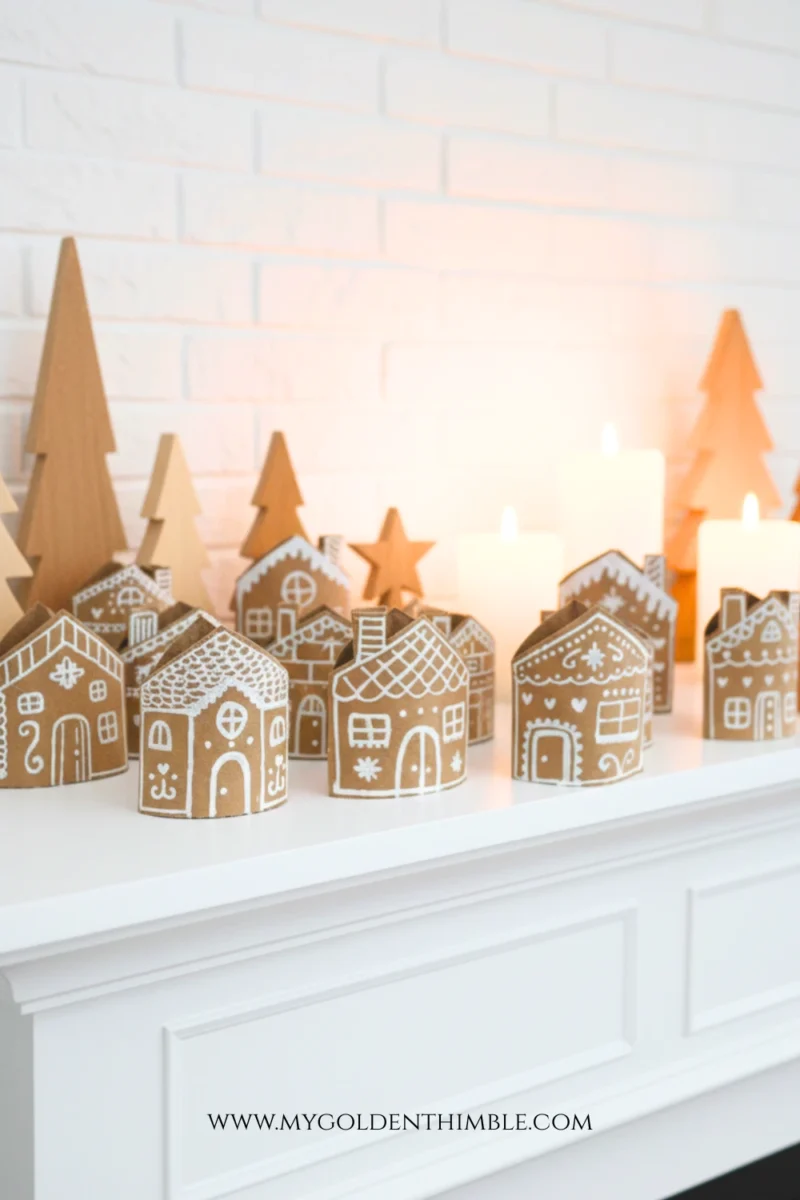 DIY gingerbread house decor made from recycled toilet paper rolls displayed on a Christmas mantel