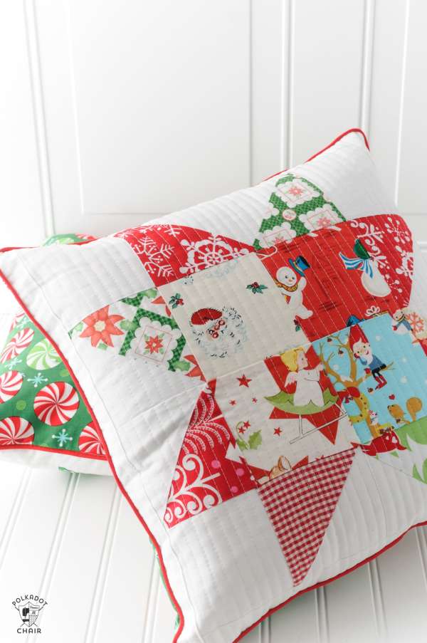 patchwork pillow diy made with christmas fabrics.