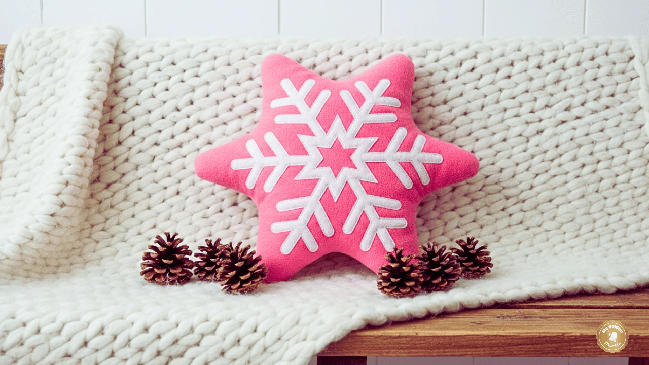 snowflake pillow made with the My Golden Thimble pattern, shown finished and styled on a cozy Christmas couch.