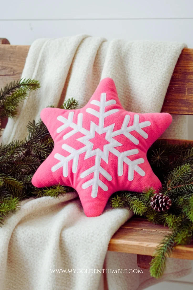 snowflake pillow made with the My Golden Thimble pattern, shown finished and styled on a cozy blanket.