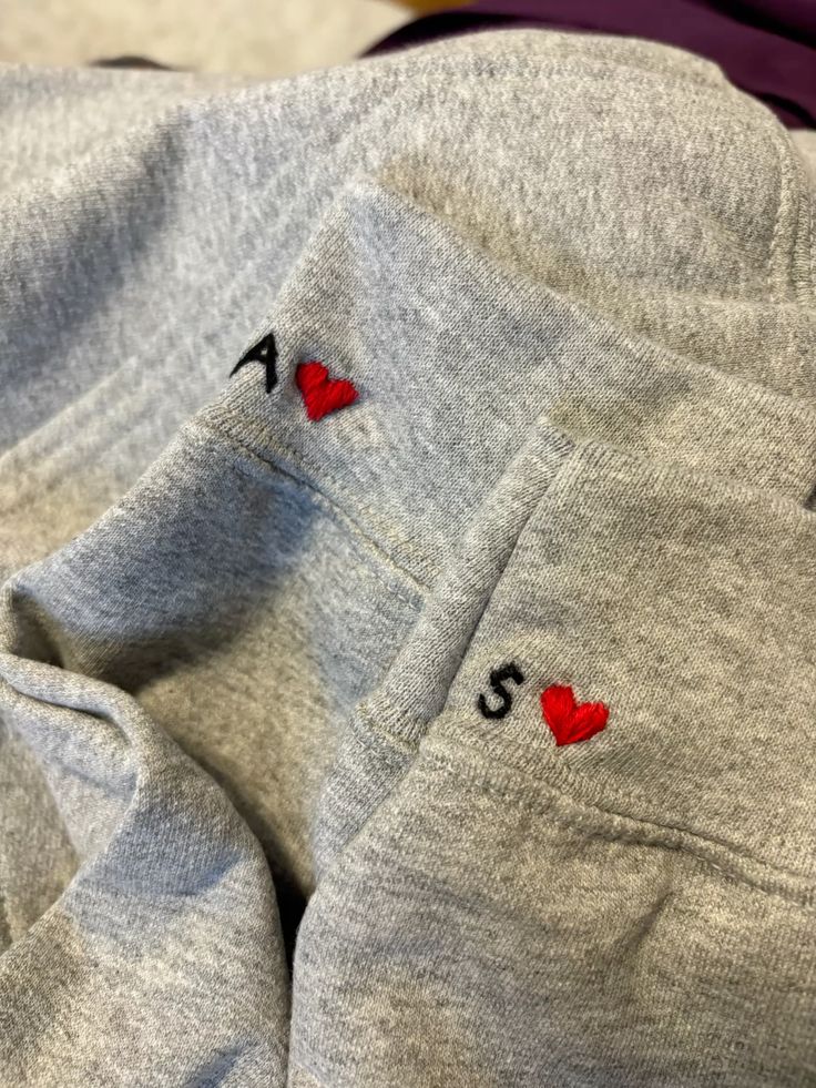 close up of sweater cuffs embroidered with initials