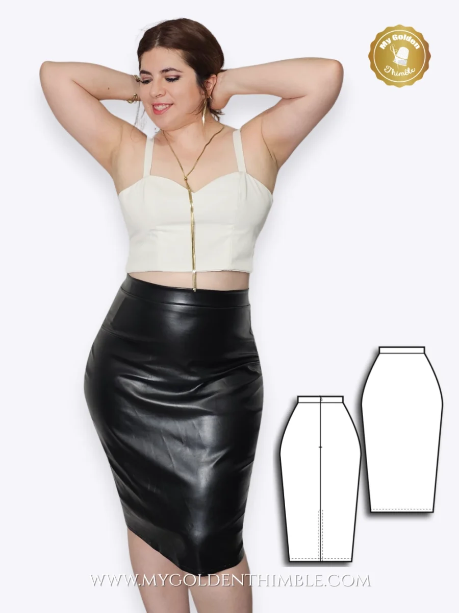 woman wearing a white top and a faux leather pencil skirt made with the violet stretch skirt pattern