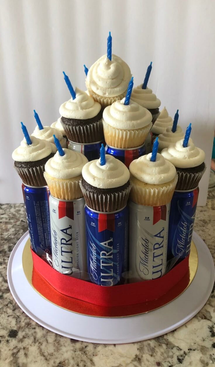 cans of beer arranged in the shape of a cake