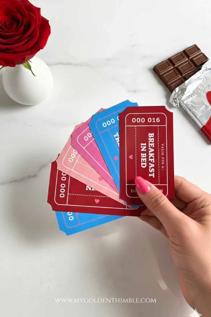 DIY Valentine’s Day coupons printable with colorful love coupons designed for a homemade gift.