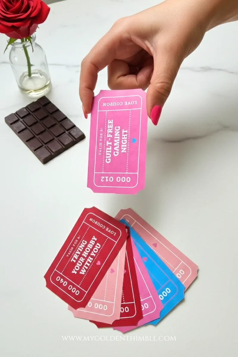 DIY Valentine’s Day coupons printable with colorful love coupons designed for a homemade gift.
