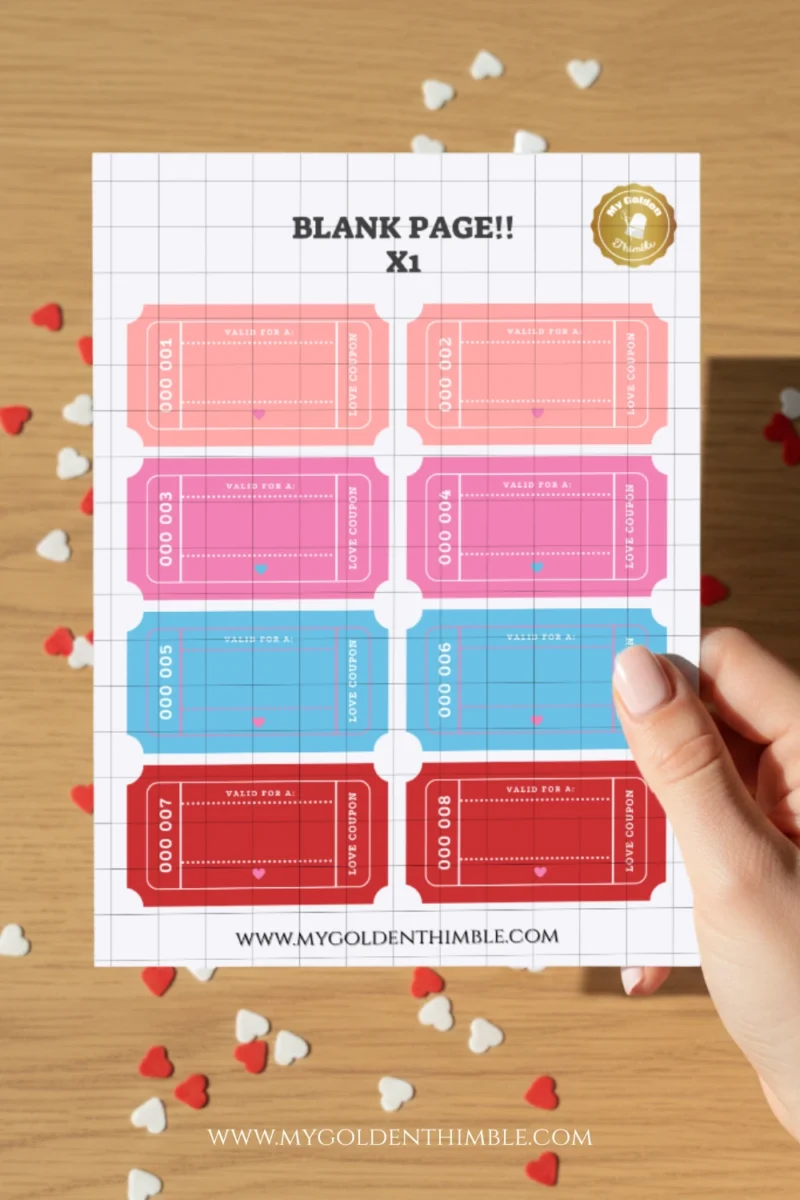 Blank printable Valentine’s coupon sheet with colorful coupon designs, ready to fill in personalized ideas.