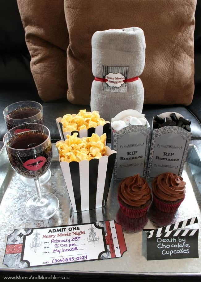 movie items like popcorn, blanket, and wine