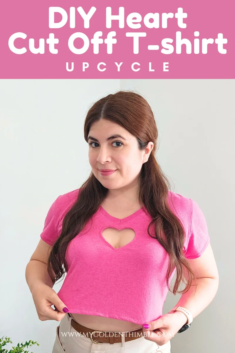 Woman wearing white T-shirt with heart cut out detail on front