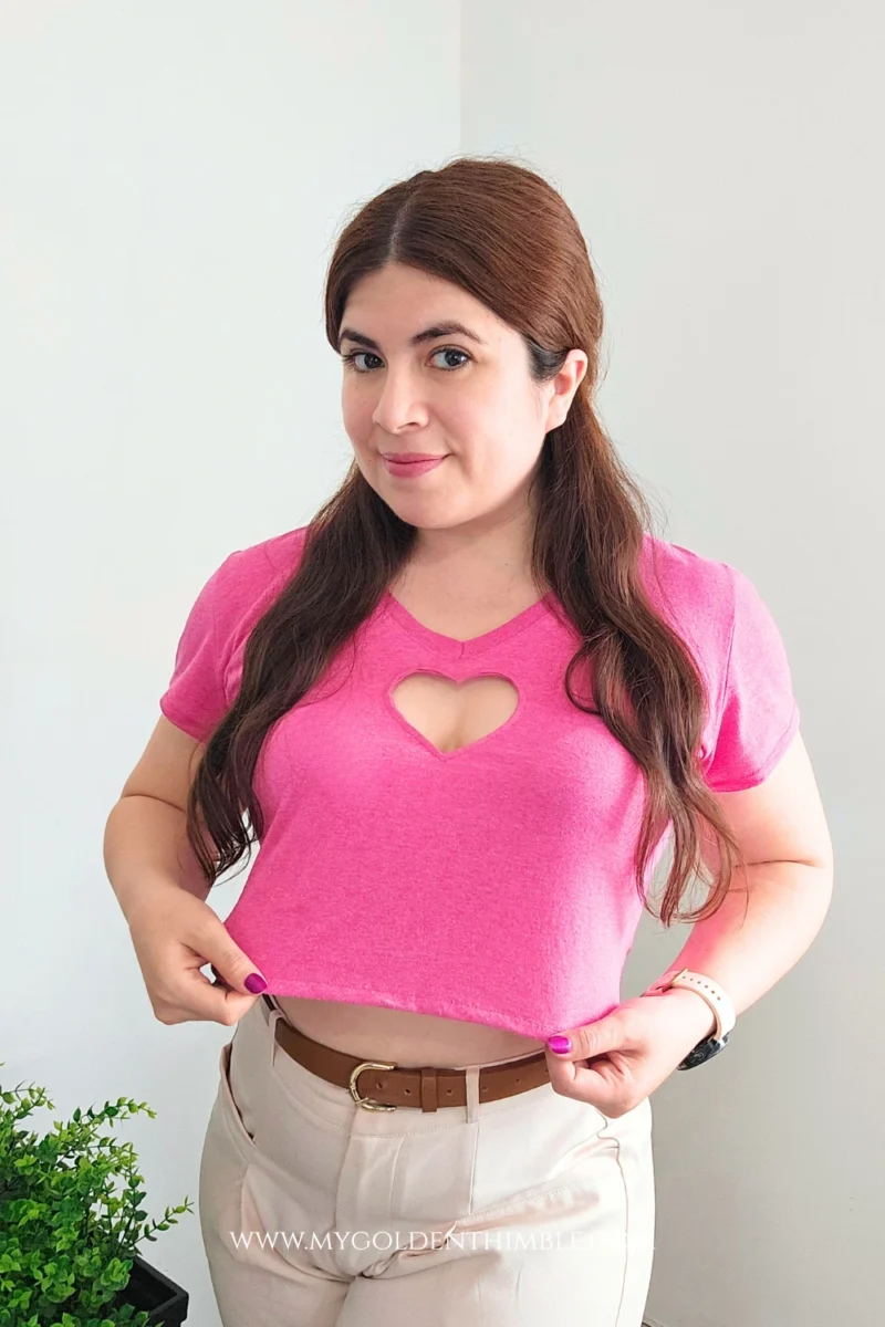 Casual outfit featuring DIY heart cut out shirt and trousers