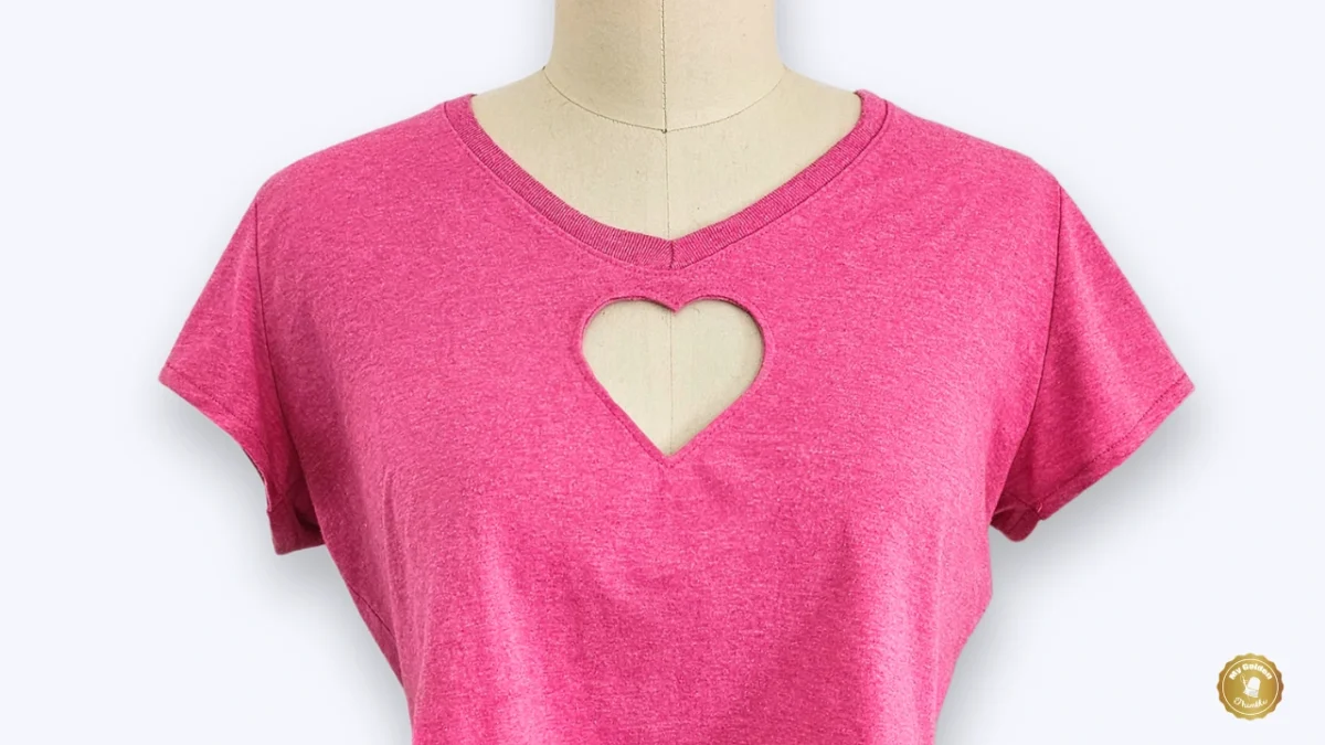 Front view of handmade heart cut out shirt styled for Valentine’s Day