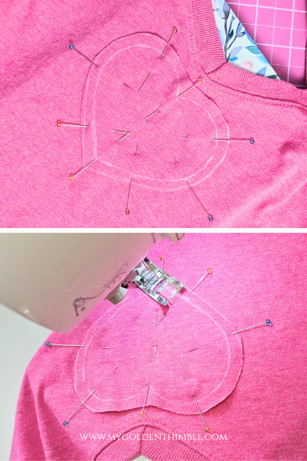 Sewing around a heart shape on a T-shirt with a straight stitch