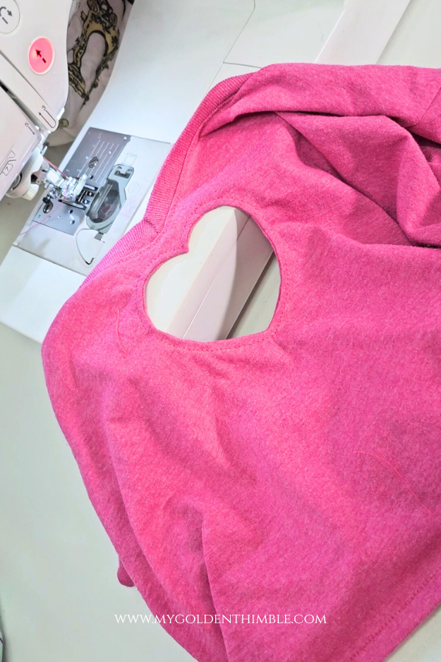 Topstitching around heart cut out for a professional finish