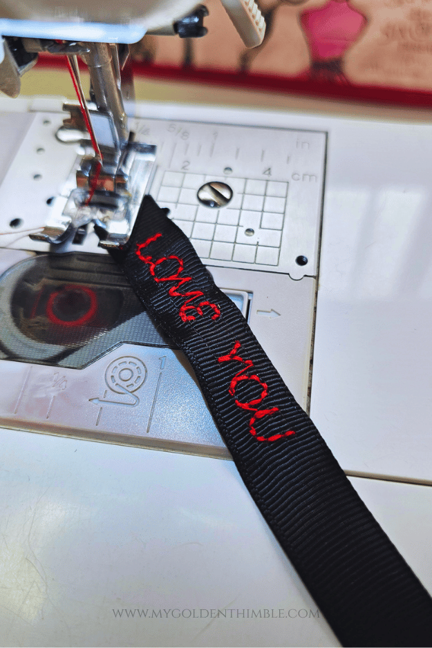 label made with sewing machine and decorative stitches