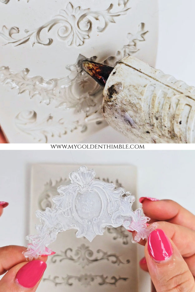 Applying hot glue into silicone mold to create decorative details
