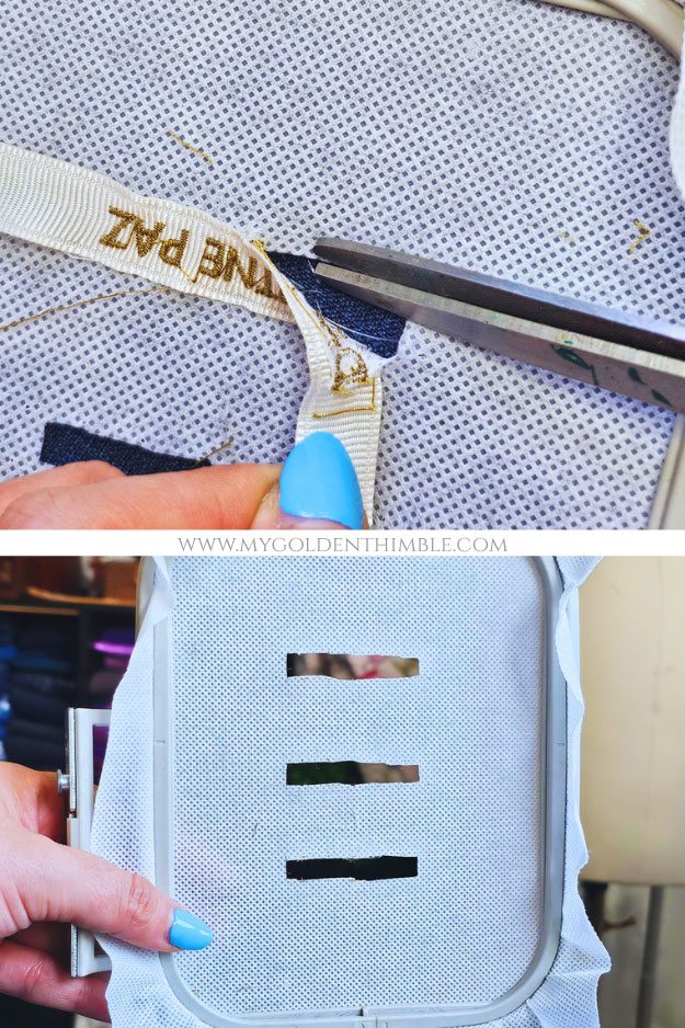 Finished personalized fabric labels still attached to stabilizer in embroidery hoop