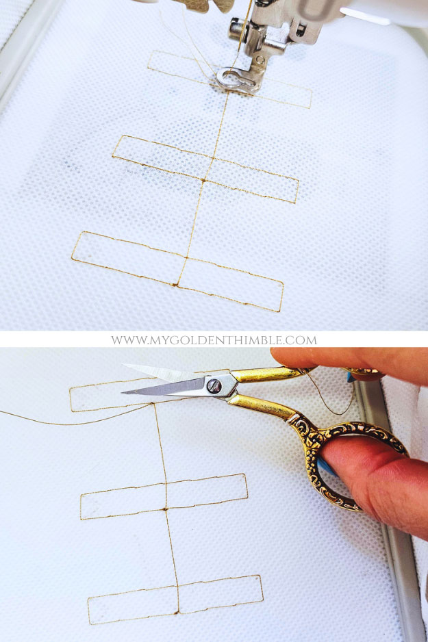 Placement rectangle stitched on stabilizer for positioning ribbon for DIY labels