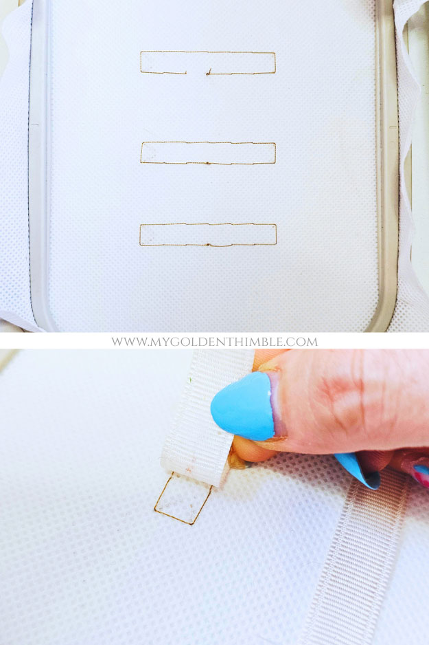 Placement rectangle stitched on stabilizer for positioning ribbon for DIY labels