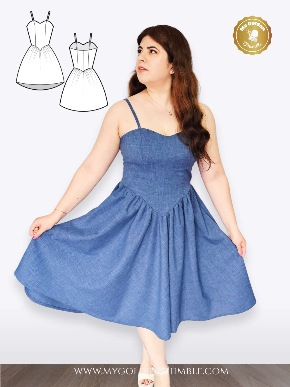Woman wearing a blue linen dress made with the Bluebonnet Dress Sewing Pattern, featuring a sweetheart neckline, a basque waist, a fitted bodice, spaghetti straps, and a full, gathered skirt.