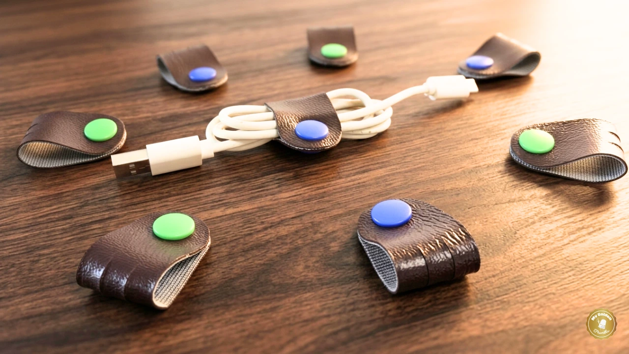 no-sew cord keepers diy on a dark wooden table