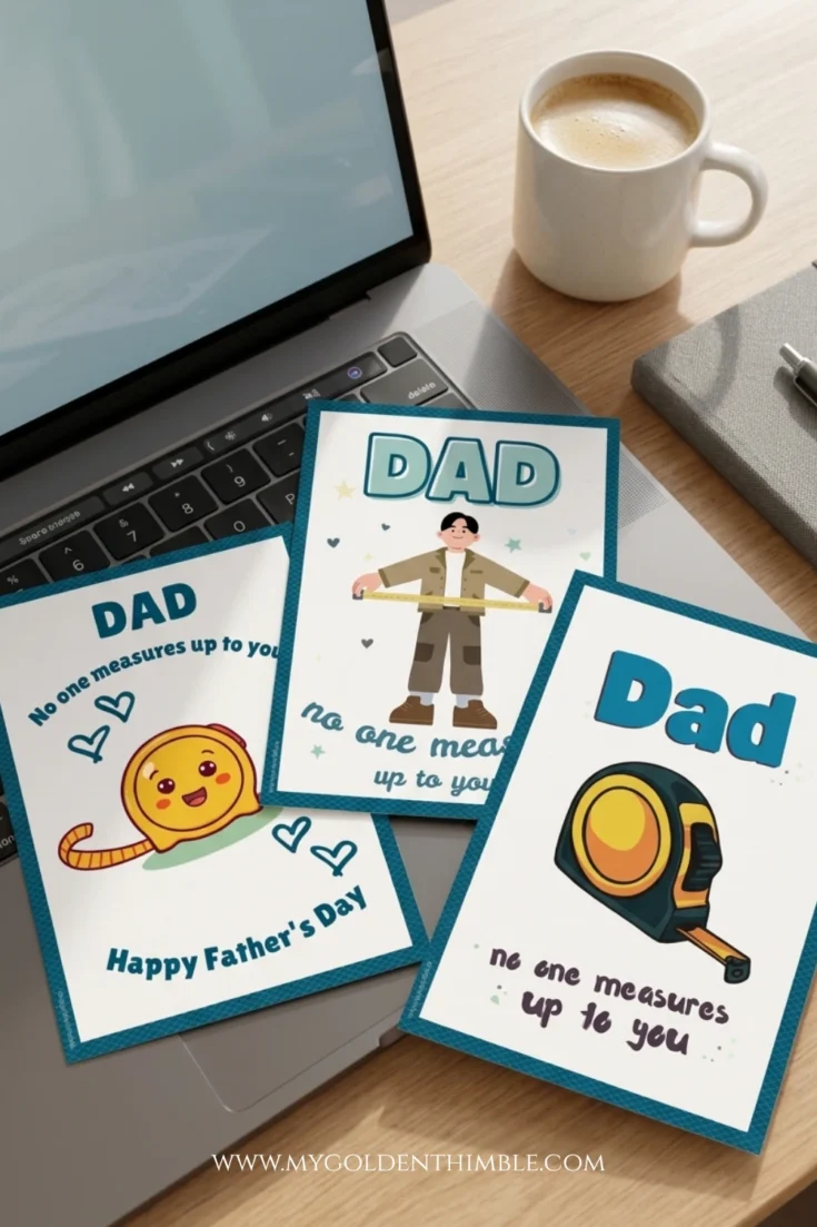 tool-themed Father's Day cards free printable on a laptop on a wooden table