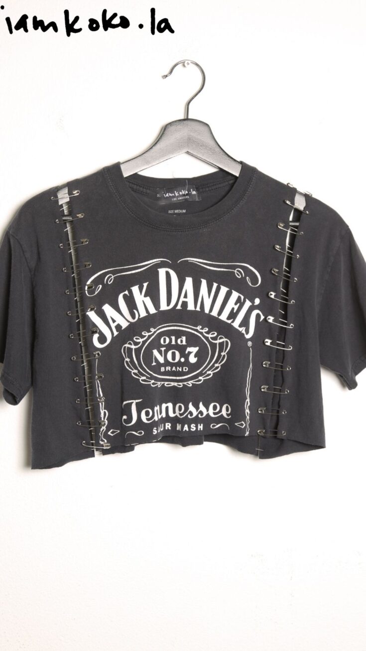 upcycled t-shirt with security pins