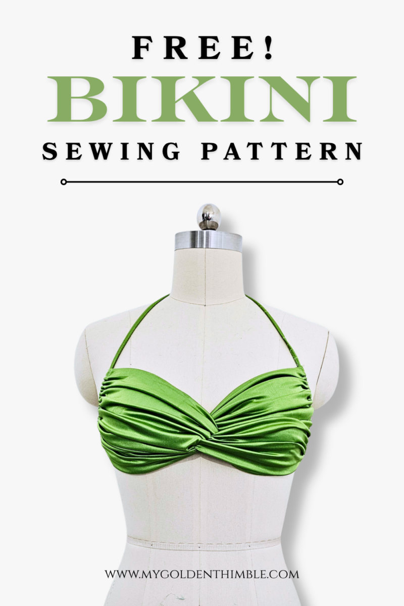 green gather bikini top on a dress form
